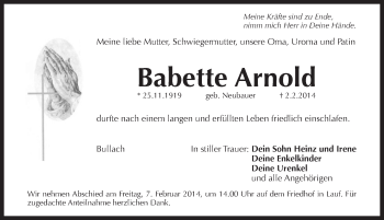 Traueranzeige von Babette Arnold von Pegnitz-Zeitung